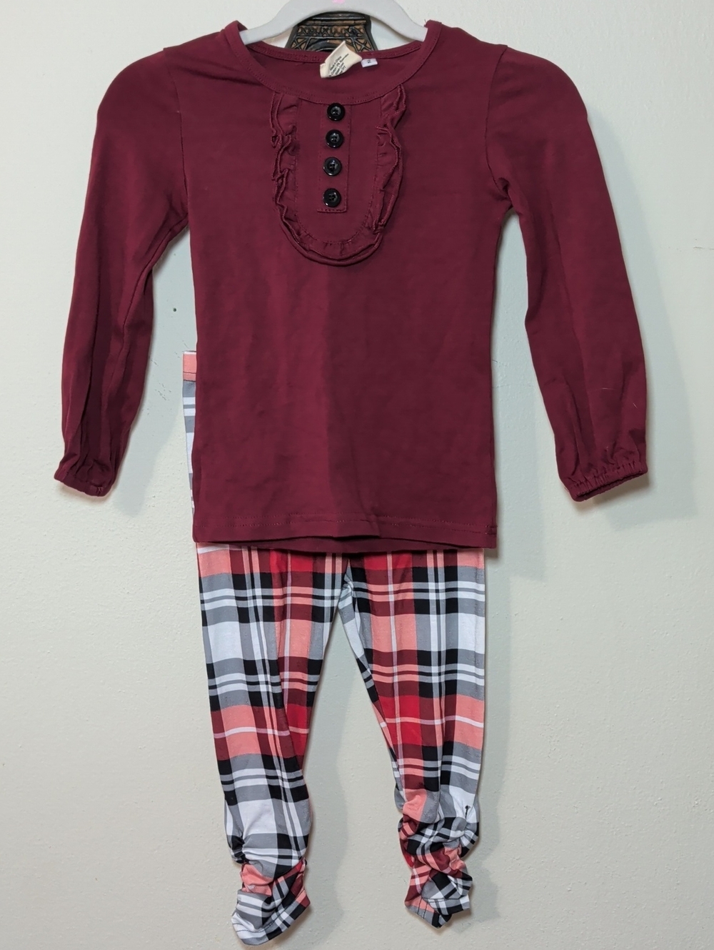 Little Fashionista Ruffle Top and Plaid Leggings Set Red White Black Girl Size 2